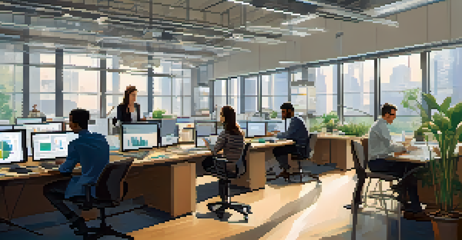 A research team of diverse individuals working together at a table with charts and laptops in a bright, plant-filled room.