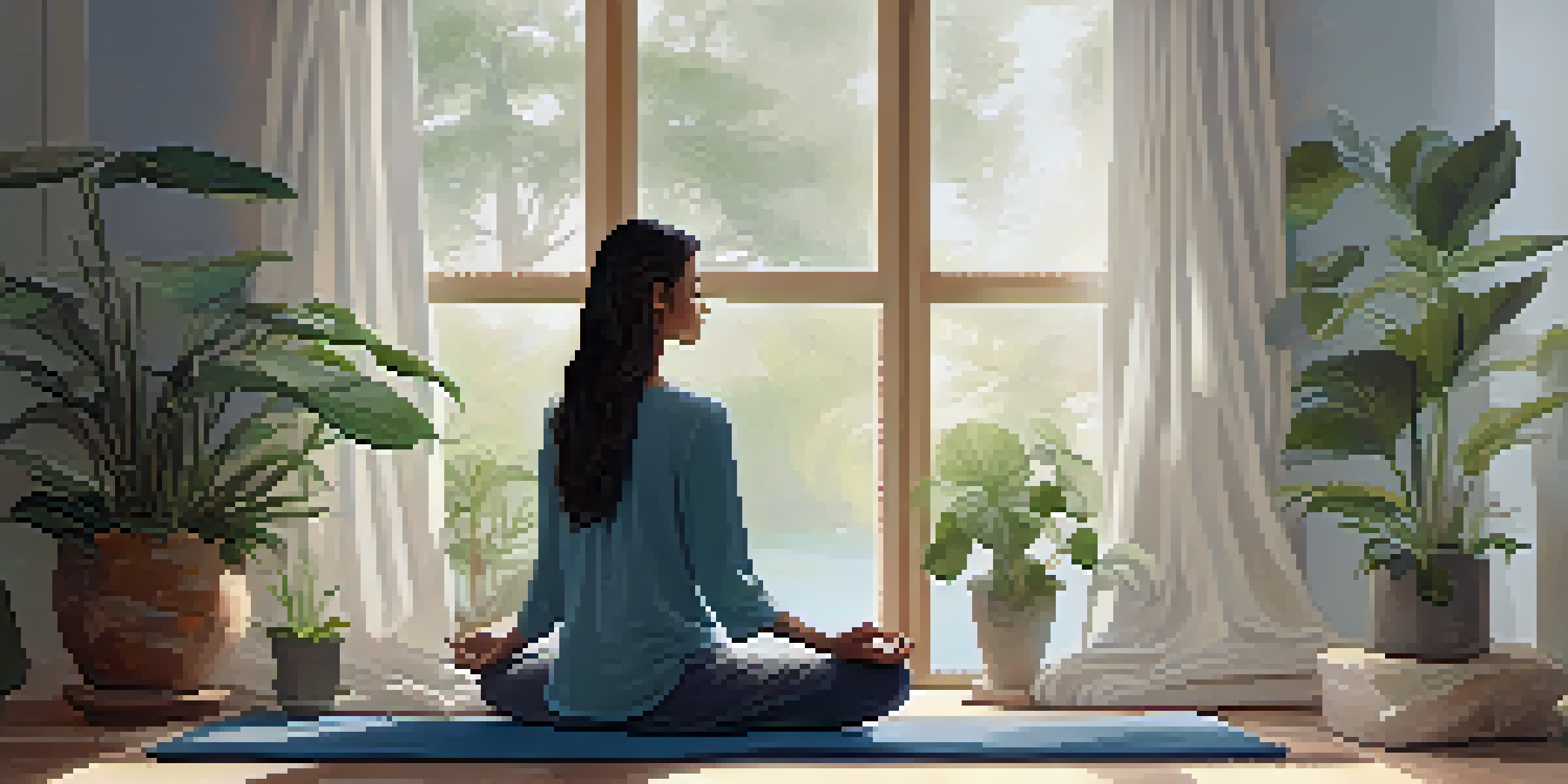A person meditating in a peaceful room filled with plants and soft light, conveying calm and tranquility.