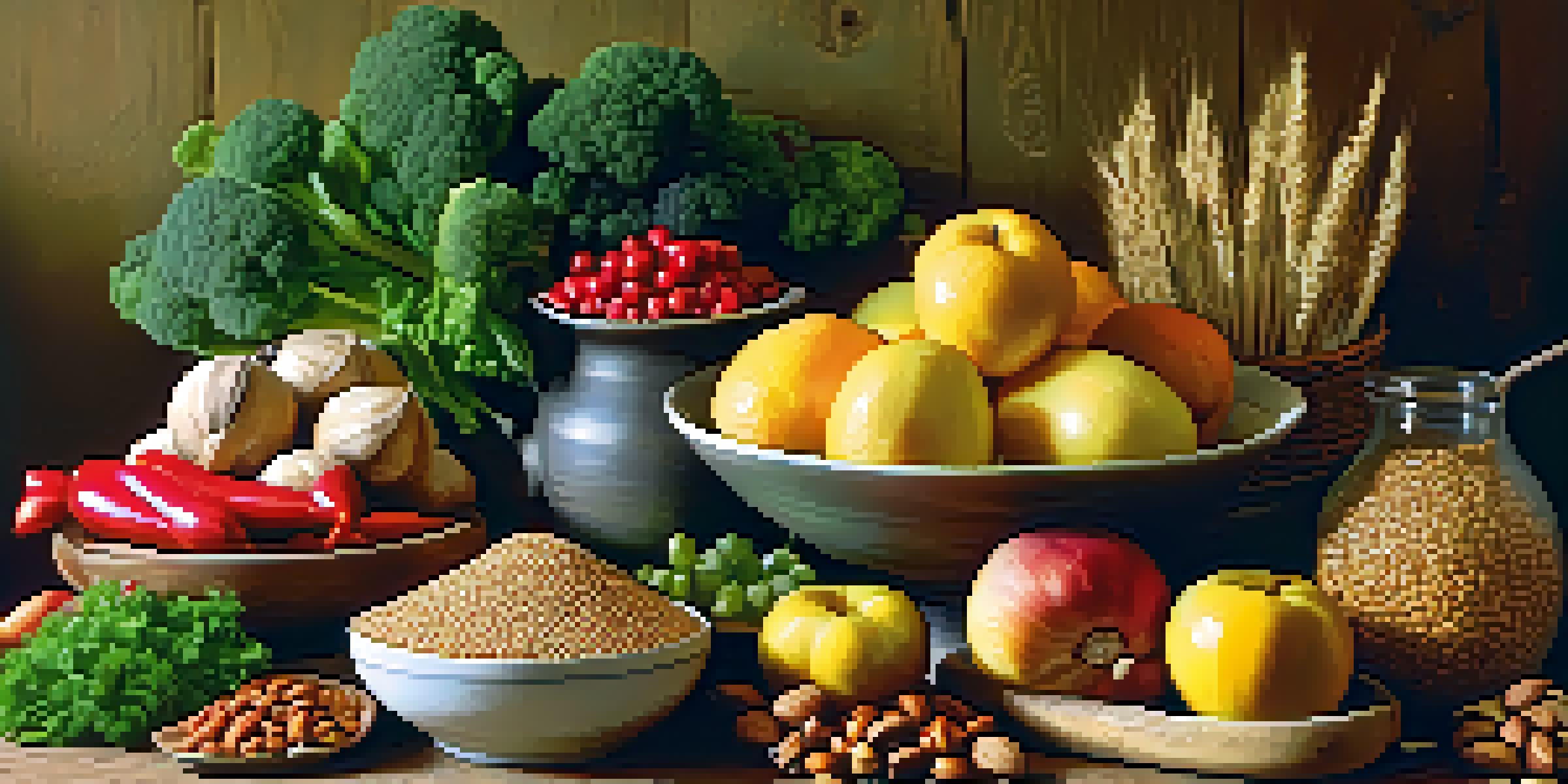A colorful arrangement of healthy foods including fruits, vegetables, grains, and lean proteins on a wooden table, illuminated by soft natural light.
