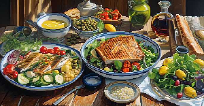 A variety of Mediterranean dishes displayed on a wooden table, including salads, grilled fish, and olive oil, illuminated by warm sunlight.