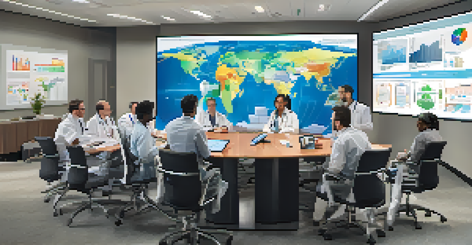 A diverse group of healthcare professionals discussing vaccine strategies in a conference room with a large screen displaying data charts.