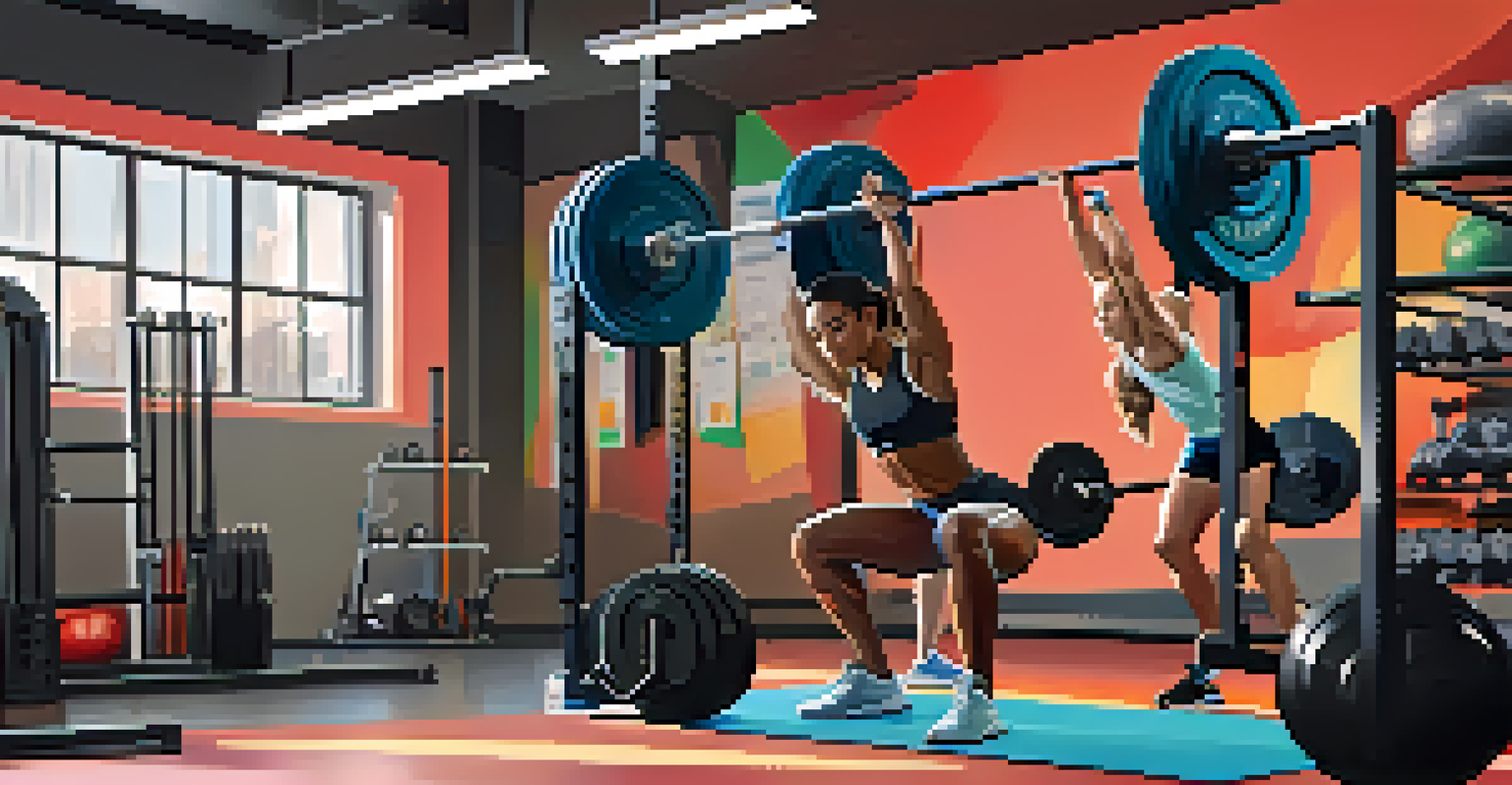An athlete lifting weights in a modern gym while a physical therapist watches and offers advice.