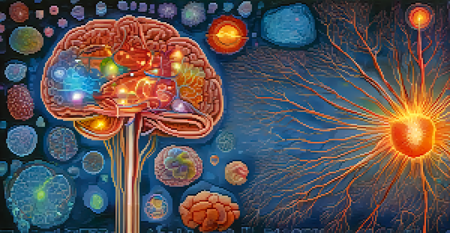 Illustration of radiotracers highlighting metabolic processes in human organs, with colorful glowing particles interacting with cells.