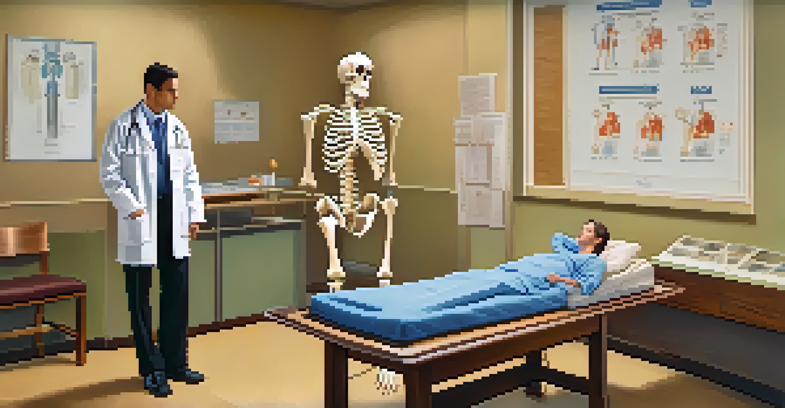 A healthcare provider explains the X-ray process to a patient using a skeleton model in a warm, educational setting.