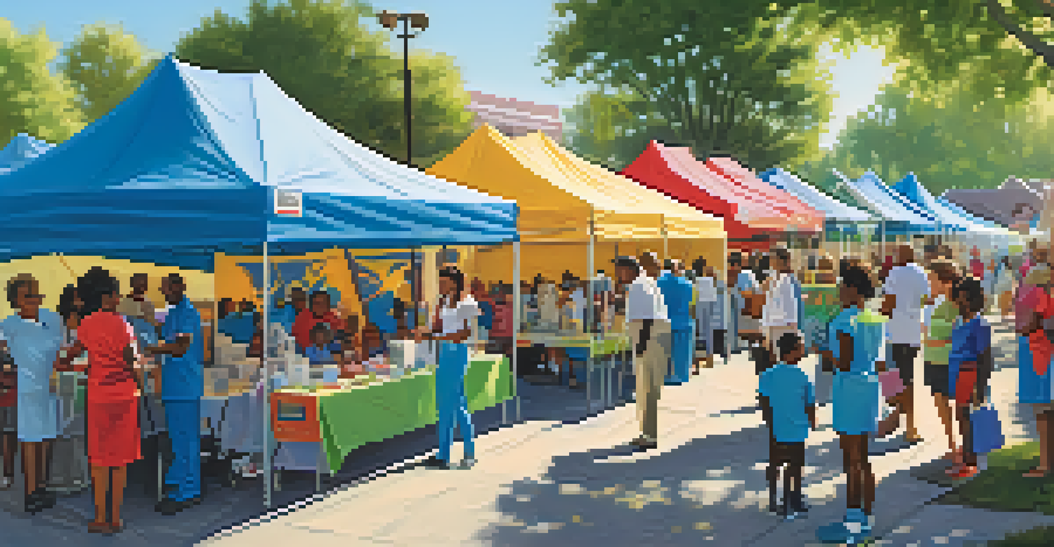 Nurses providing health screenings at a community health fair with colorful tents and families interacting.