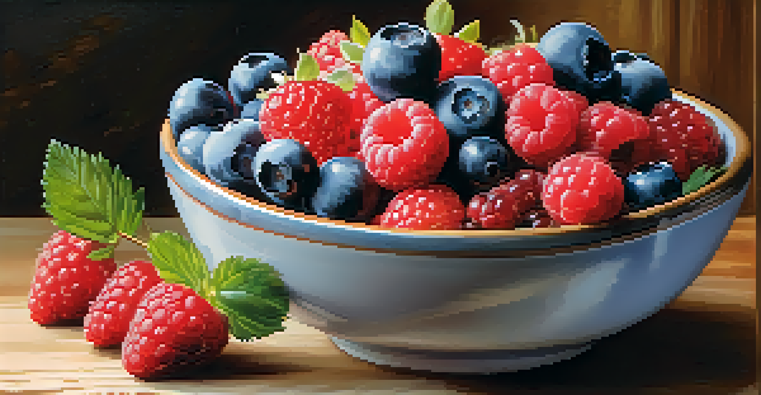 A bowl filled with colorful berries, including blueberries and strawberries, displayed against a rustic kitchen background.