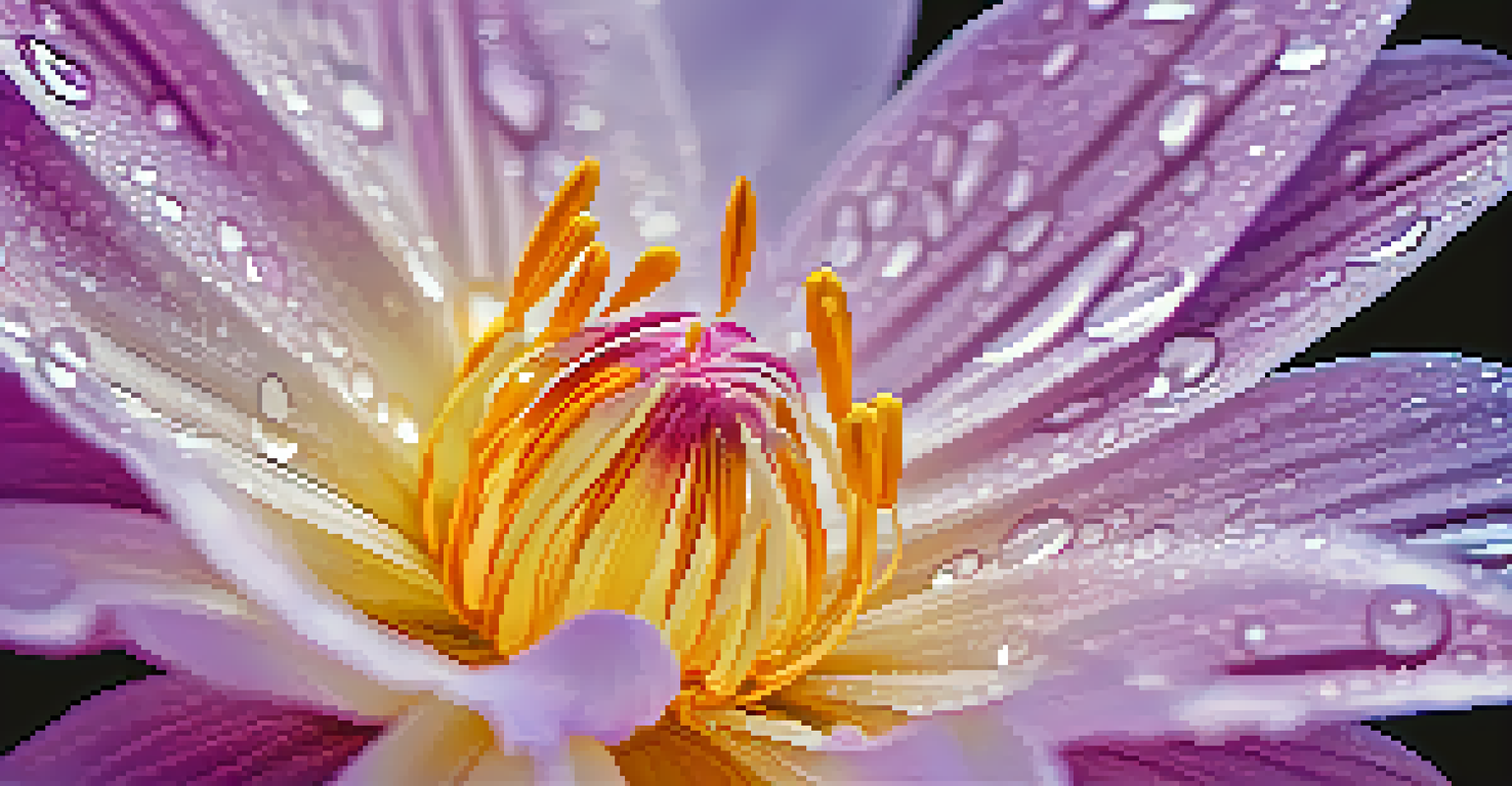 A close-up of a vibrant blooming flower with dew drops and sunlight filtering through its petals.