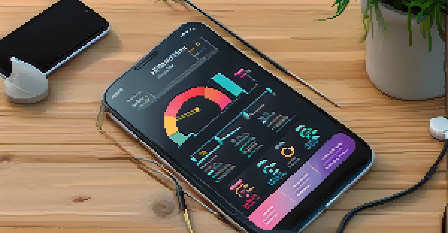 A smartphone showing a mobile health app with health metrics graphs, placed on a wooden table with a stethoscope and a small plant.