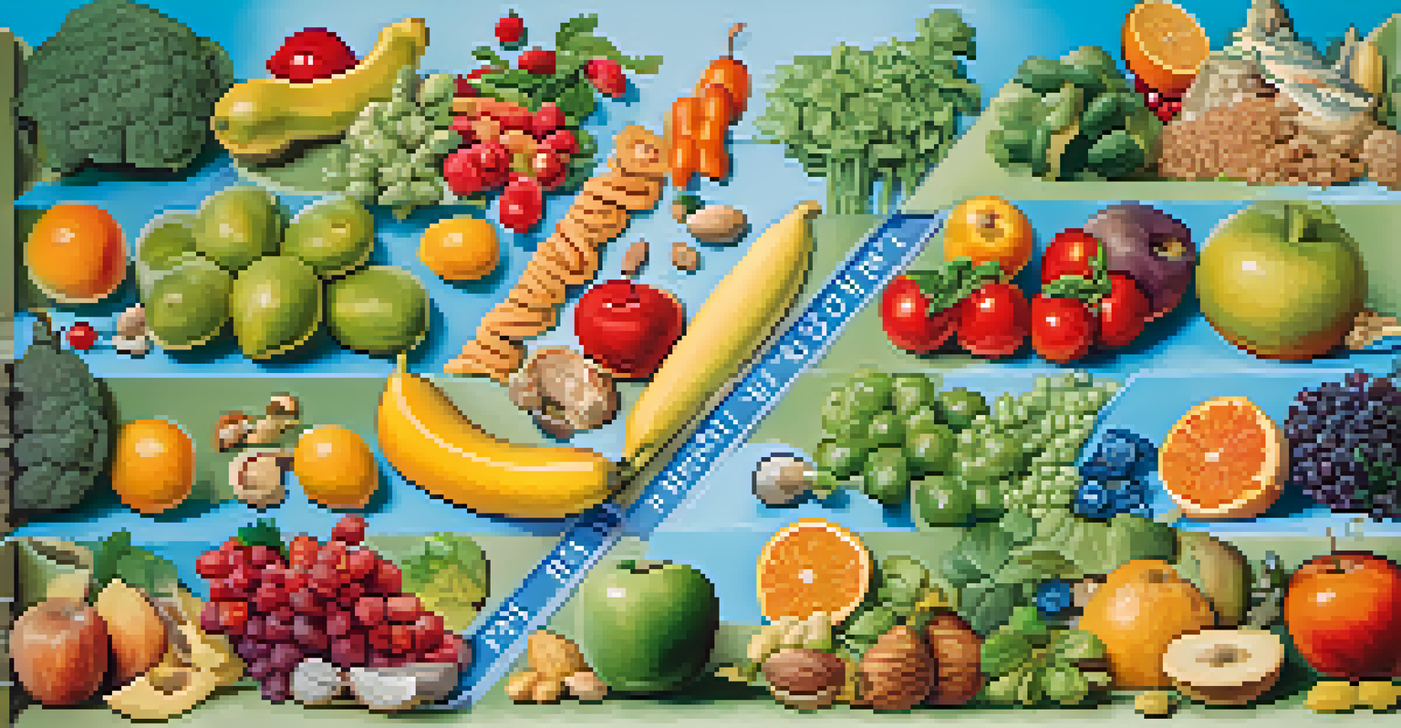 A DNA helix surrounded by colorful foods like fruits, vegetables, and fish, showcasing the link between diet and genetics.