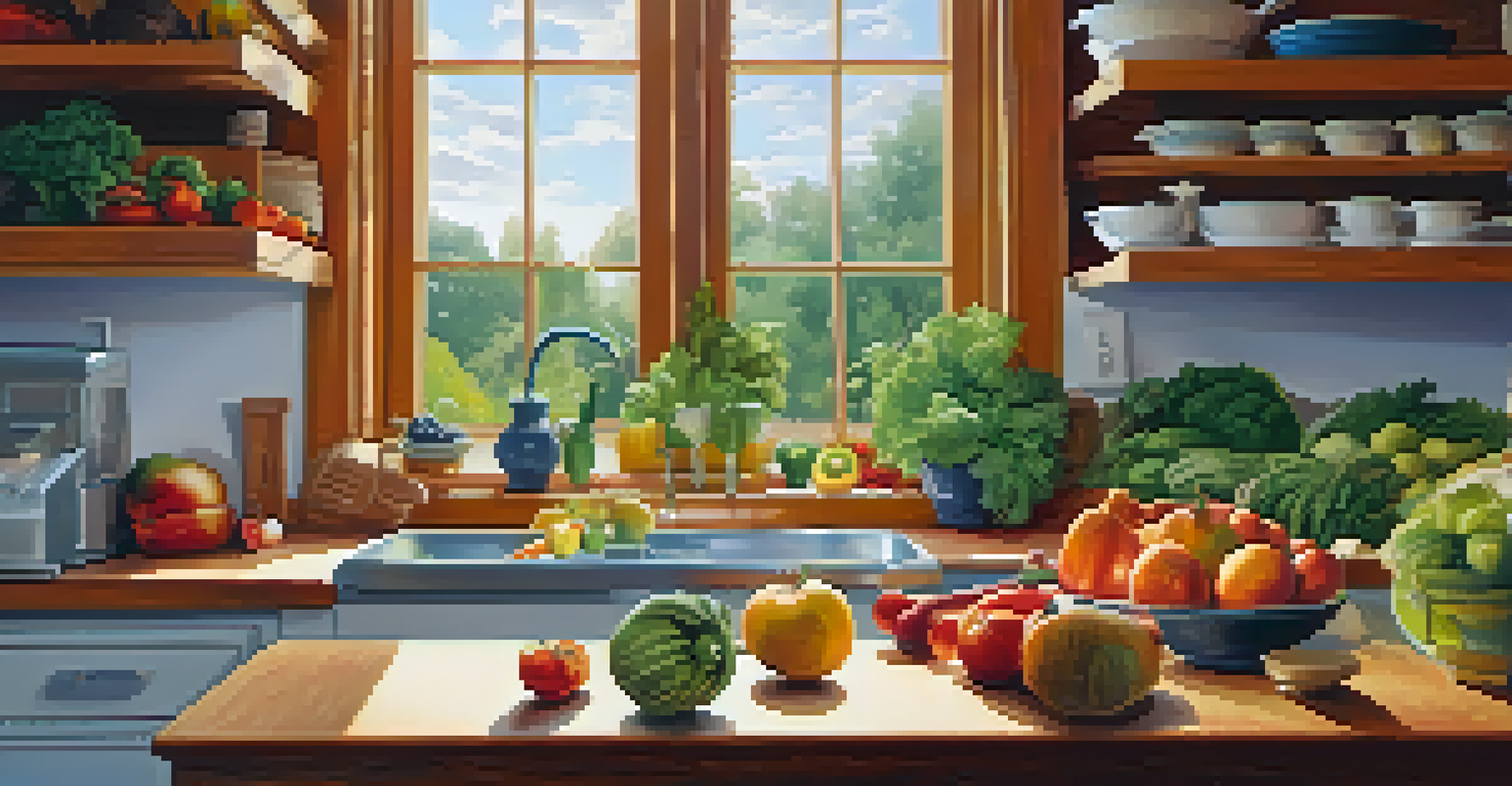 A bright kitchen with fresh fruits and vegetables on a countertop, as a person prepares a healthy meal.