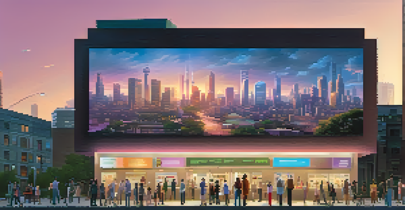 A futuristic city skyline at dusk with a digital billboard promoting pharmacogenomics, and people discussing healthcare below.