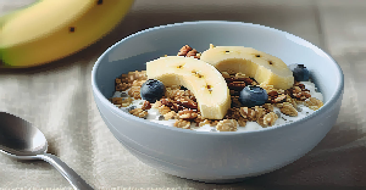A nutritious breakfast bowl with Greek yogurt, granola, sliced banana, and chia seeds on a linen napkin.