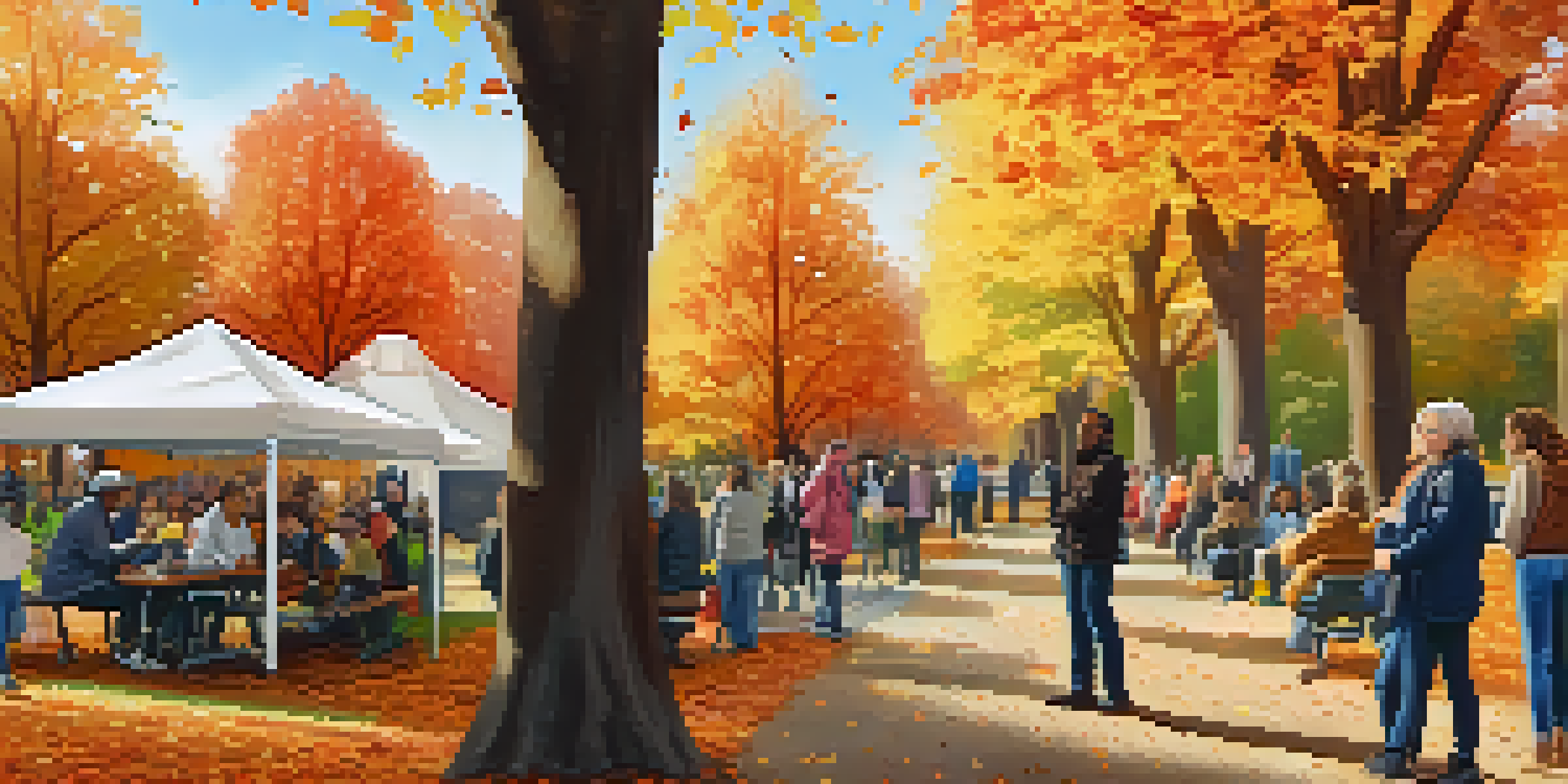 A diverse group of people in a park participating in a mental health awareness event during autumn, with colorful leaves and informational booths.