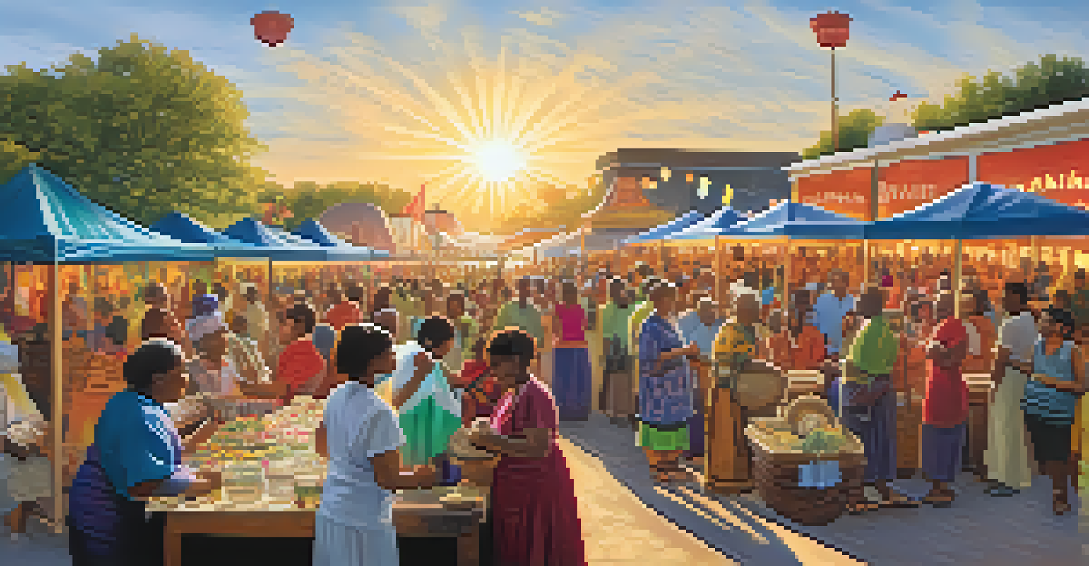 A lively outdoor community gathering focused on health and wellness, featuring booths with traditional remedies and people participating in activities like drumming and dancing.