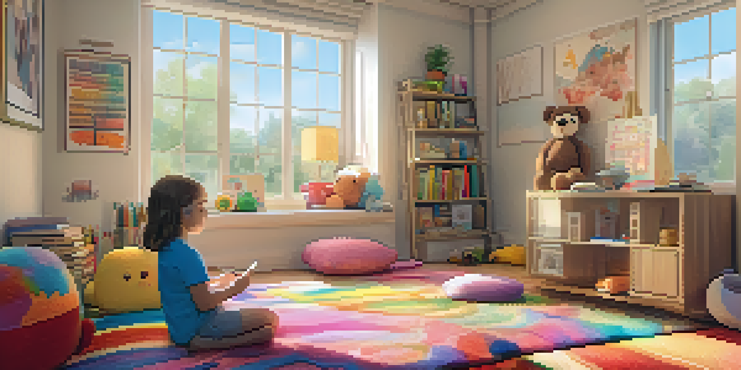 A child sitting on a colorful rug in a warm room, engaged in a video call with a therapist on a tablet, surrounded by plush toys and art supplies.