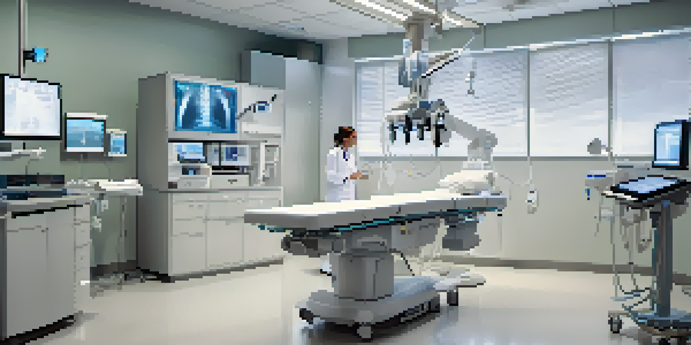 A modern interventional radiology room with advanced imaging equipment and a medical team preparing for a procedure.