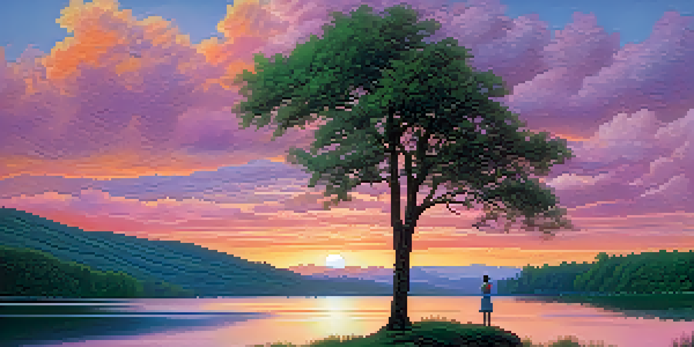 A person on a hilltop watching a colorful sunset over a lake, surrounded by trees.
