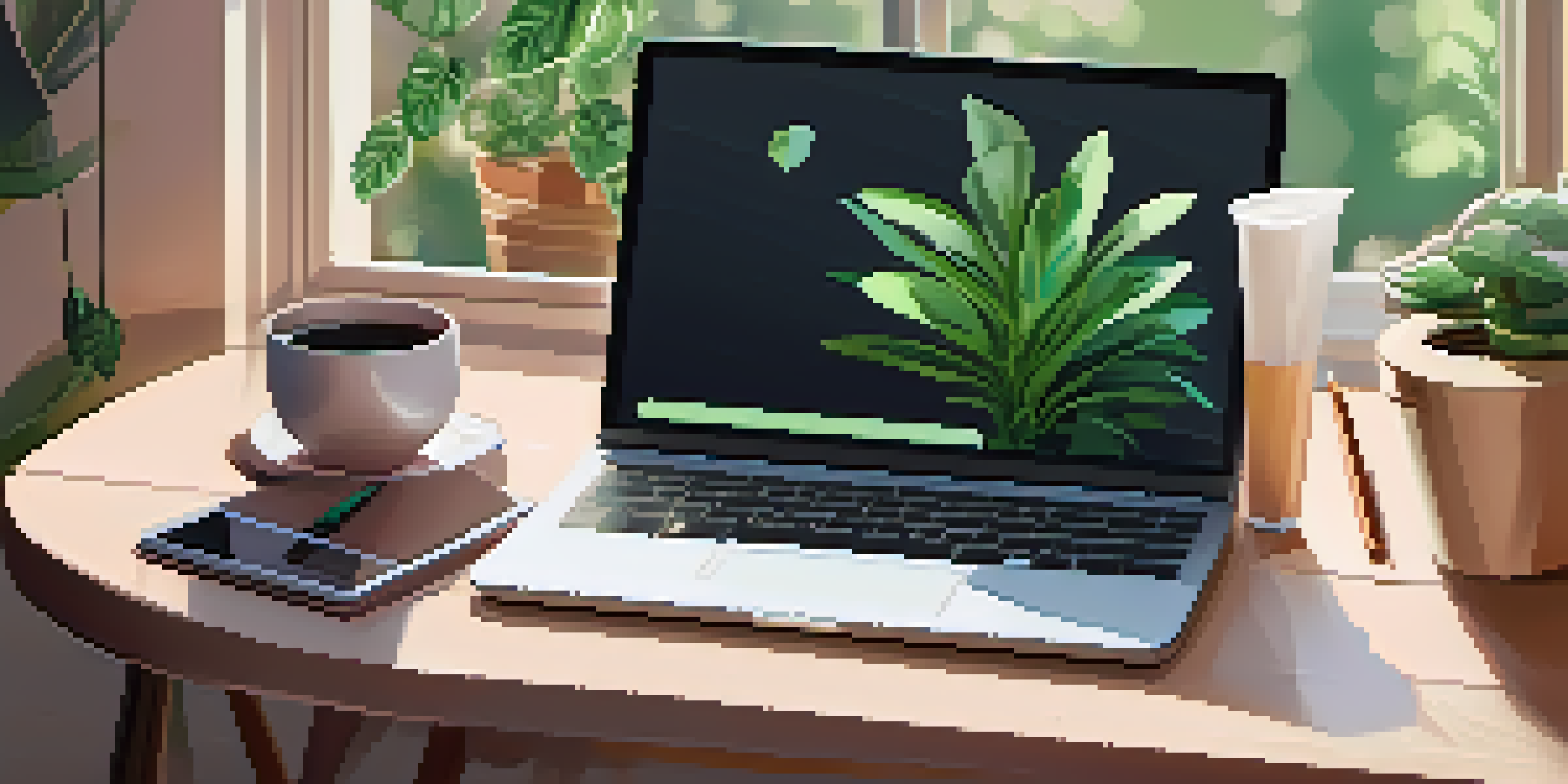 A modern workspace with a laptop displaying a health app, a notepad, a smoothie, and a potted plant, illuminated by soft morning light.