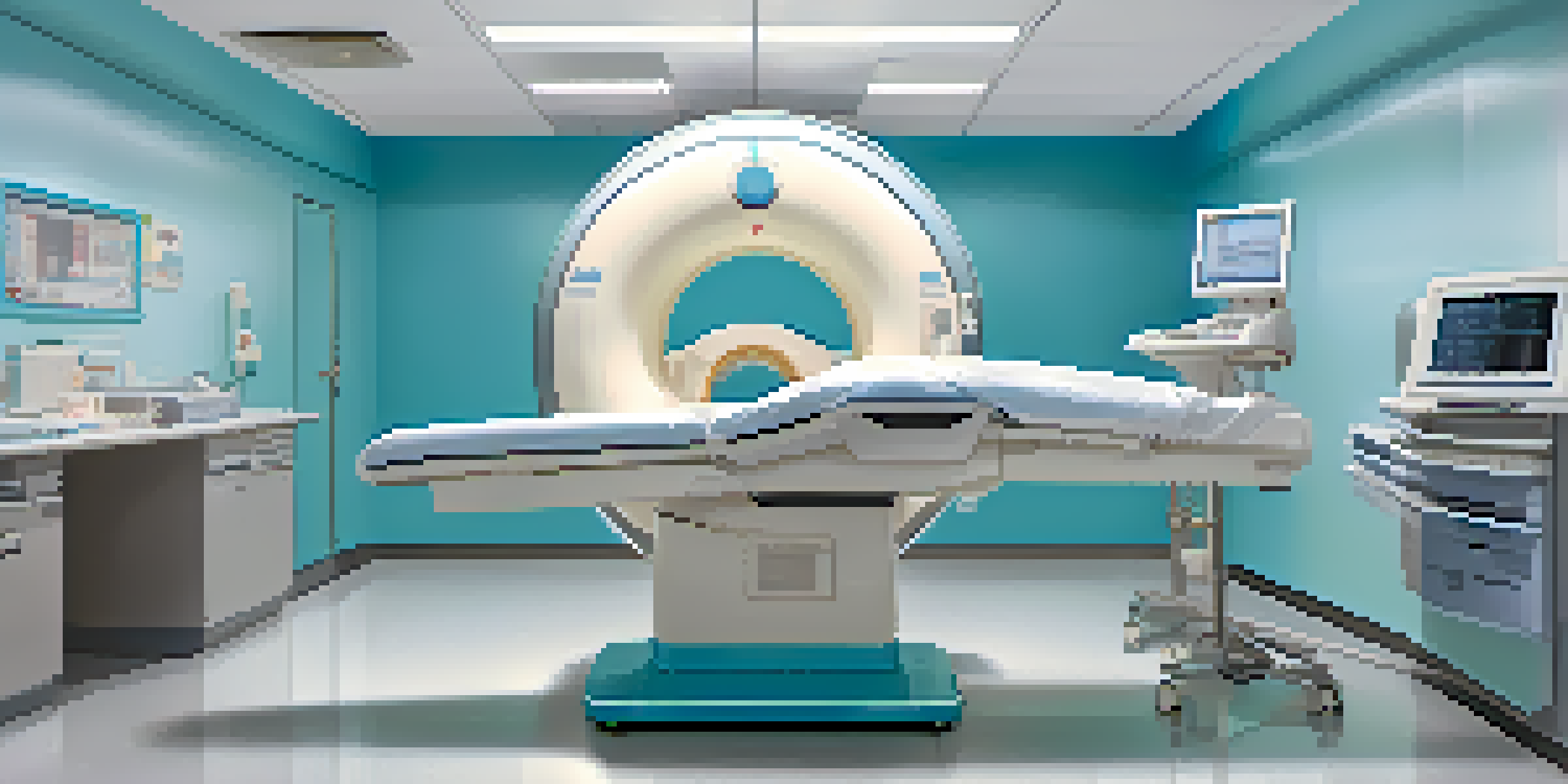 A modern CT scan machine in a hospital room, with a patient on the table and medical equipment around, illuminated by soft lighting.