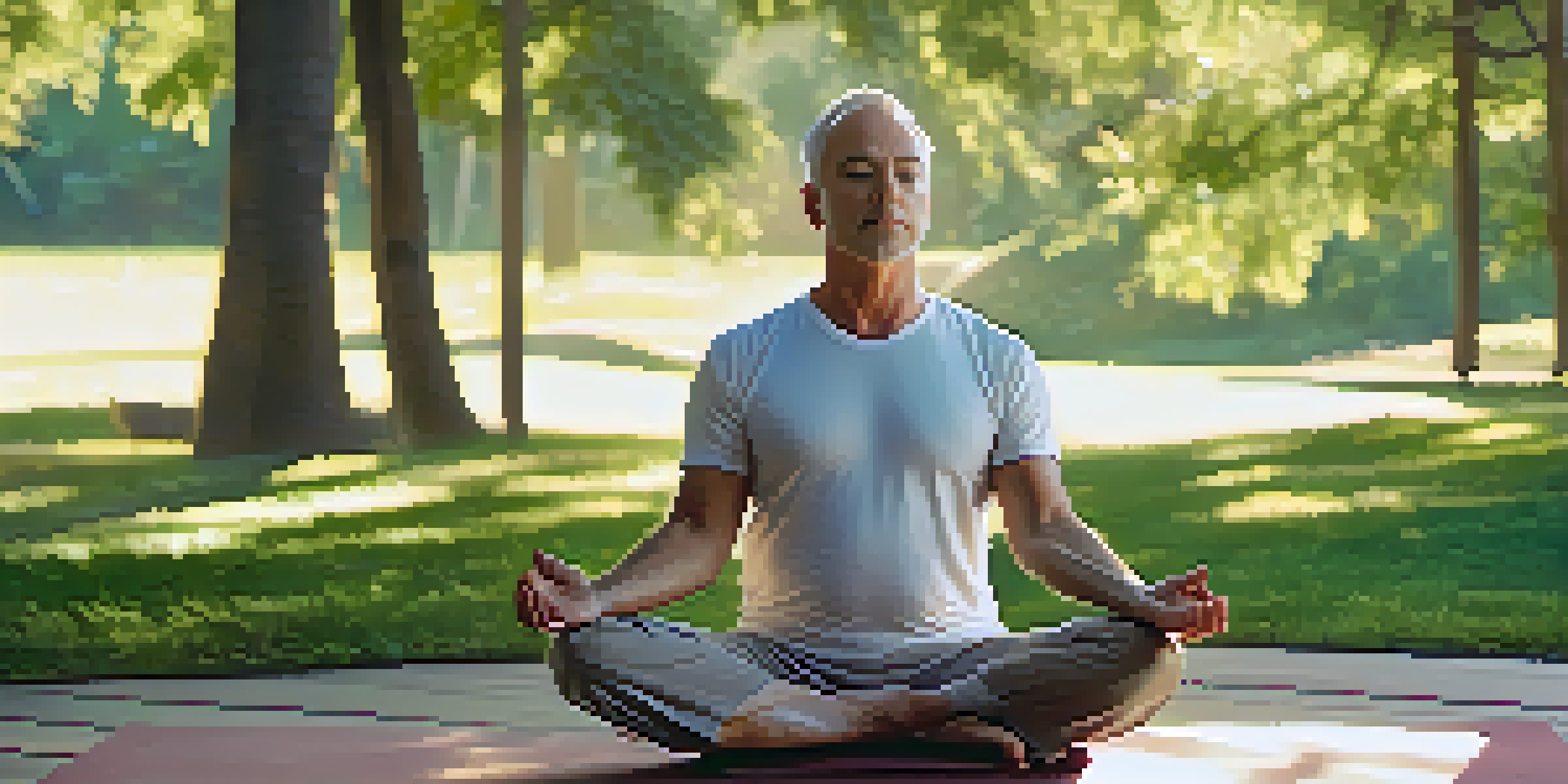 A middle-aged man practicing yoga in a sunlit park, surrounded by greenery, conveying calm and balance.