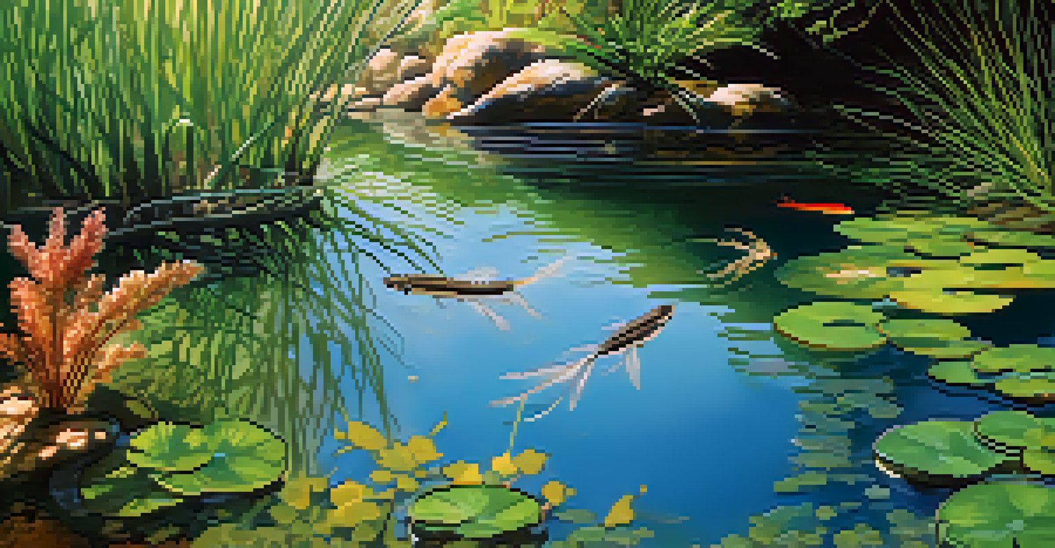 A clear water habitat with fish swimming among aquatic plants, highlighting natural pest control.