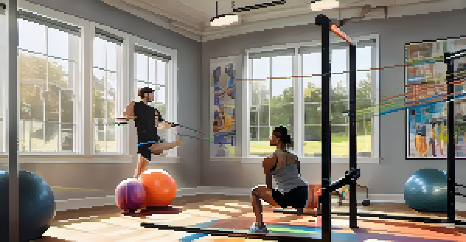 An athlete performing resistance band exercises in a bright home gym, showing focus and determination.
