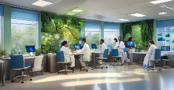 A group of diverse healthcare professionals working together in a bright, plant-filled room, reviewing patient outcome charts on digital tablets.