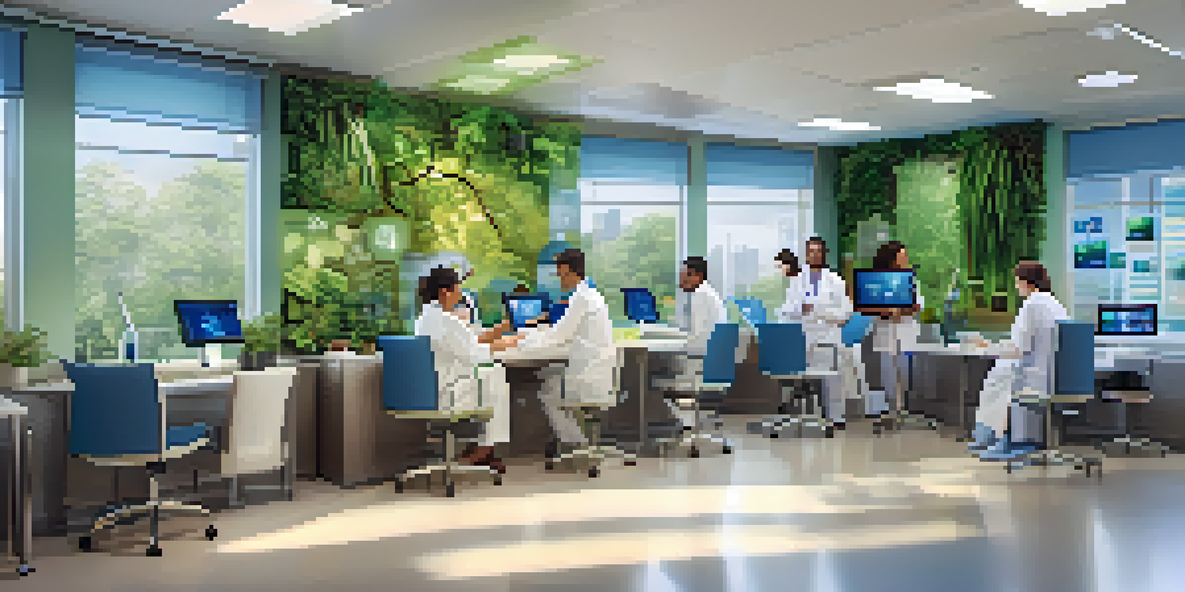 A group of diverse healthcare professionals working together in a bright, plant-filled room, reviewing patient outcome charts on digital tablets.