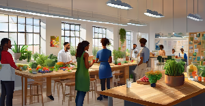 A diverse group of employees participating in a wellness workshop in a bright and inviting office space, surrounded by plants and colorful ingredients.