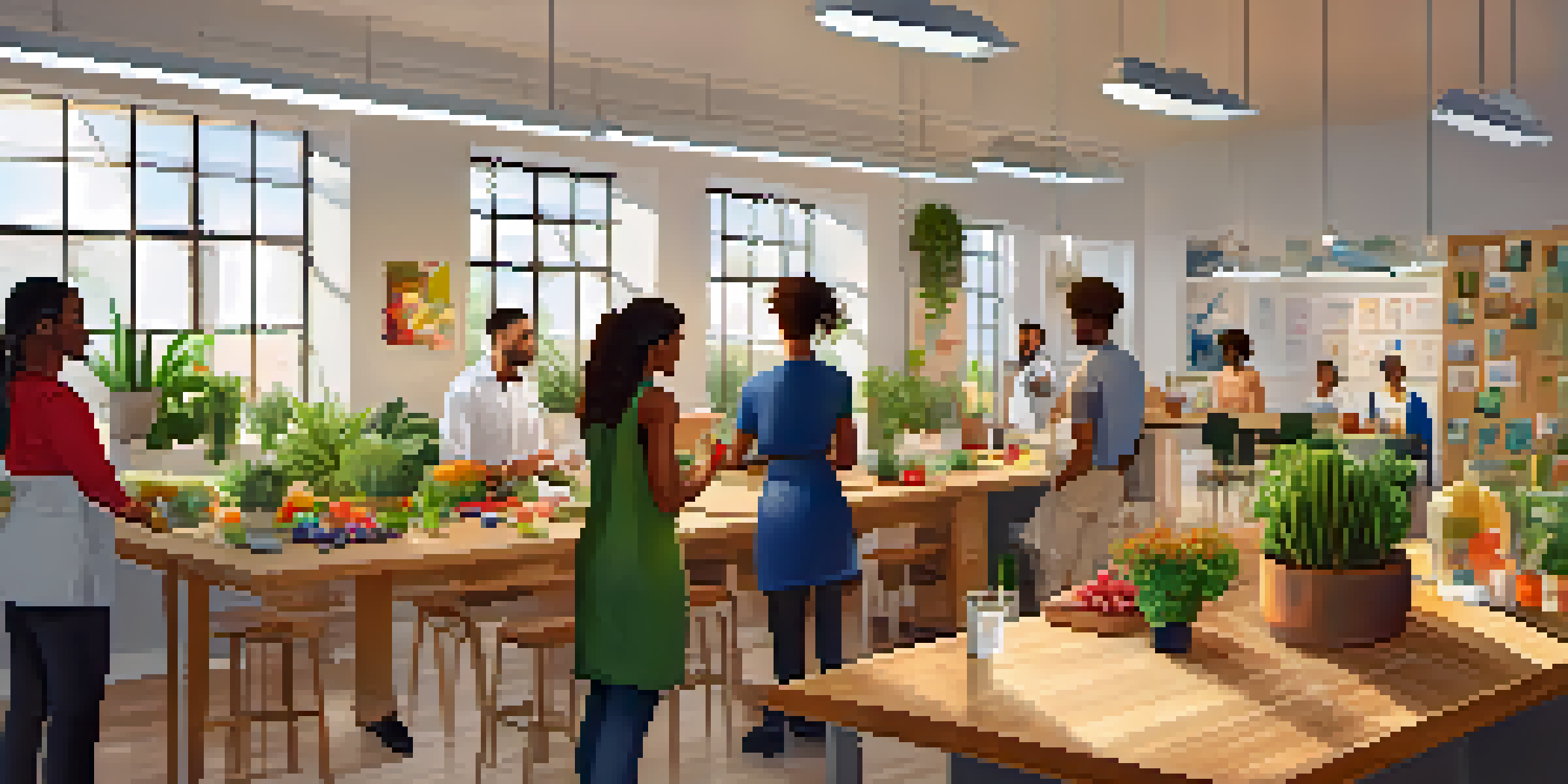 A diverse group of employees participating in a wellness workshop in a bright and inviting office space, surrounded by plants and colorful ingredients.