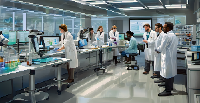 A diverse group of scientists in a laboratory working on vaccine research with high-tech equipment.
