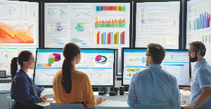 A group of diverse researchers discussing health data in a modern lab with charts and graphs displayed on a touchscreen.