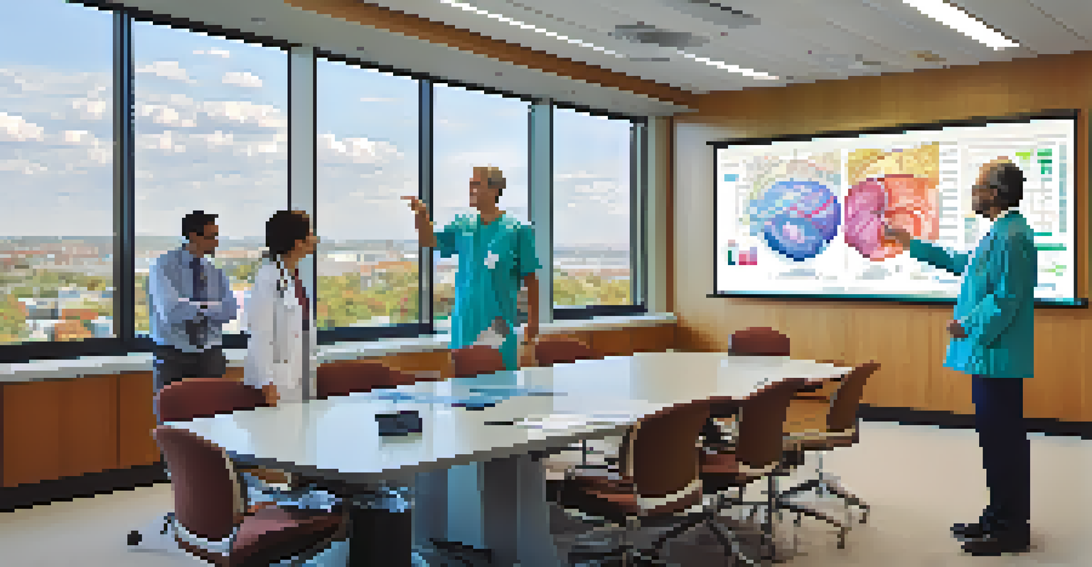 A radiologist and an oncologist discussing a tumor image in a bright conference room with medical charts.
