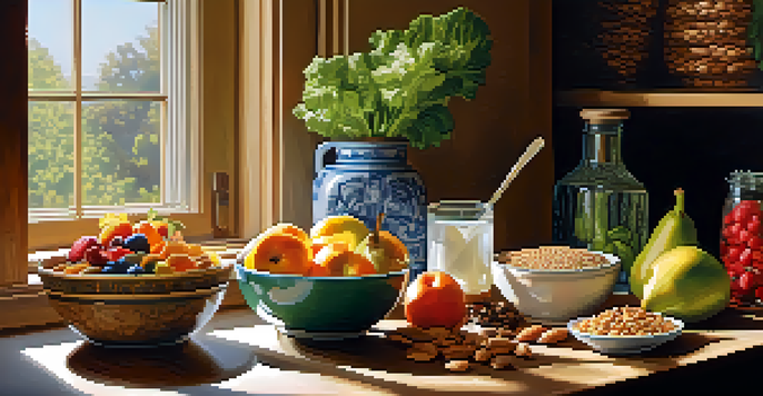 A bright kitchen table filled with healthy foods like fruits, vegetables, and whole grains, illuminated by soft morning light.