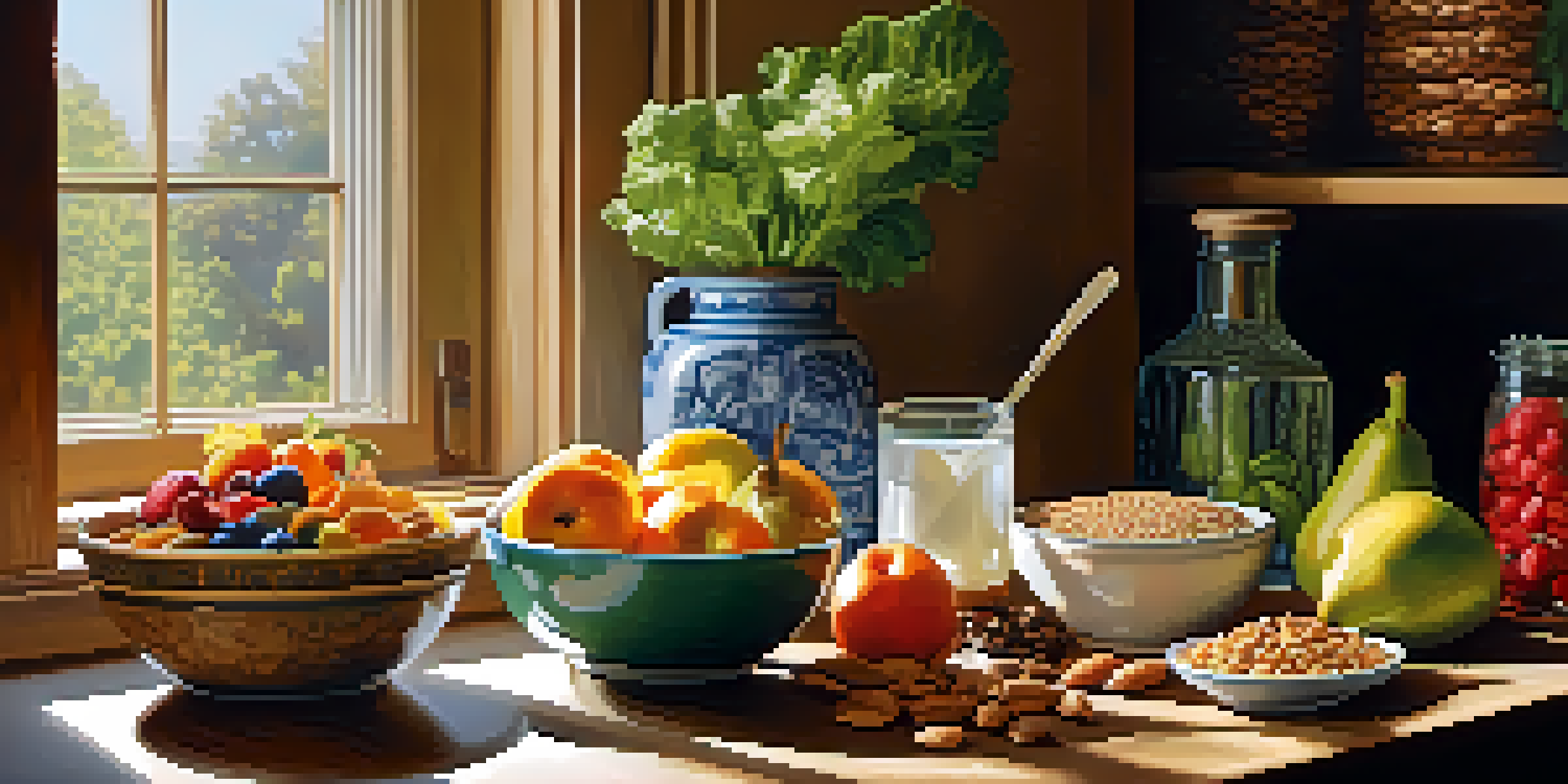 A bright kitchen table filled with healthy foods like fruits, vegetables, and whole grains, illuminated by soft morning light.
