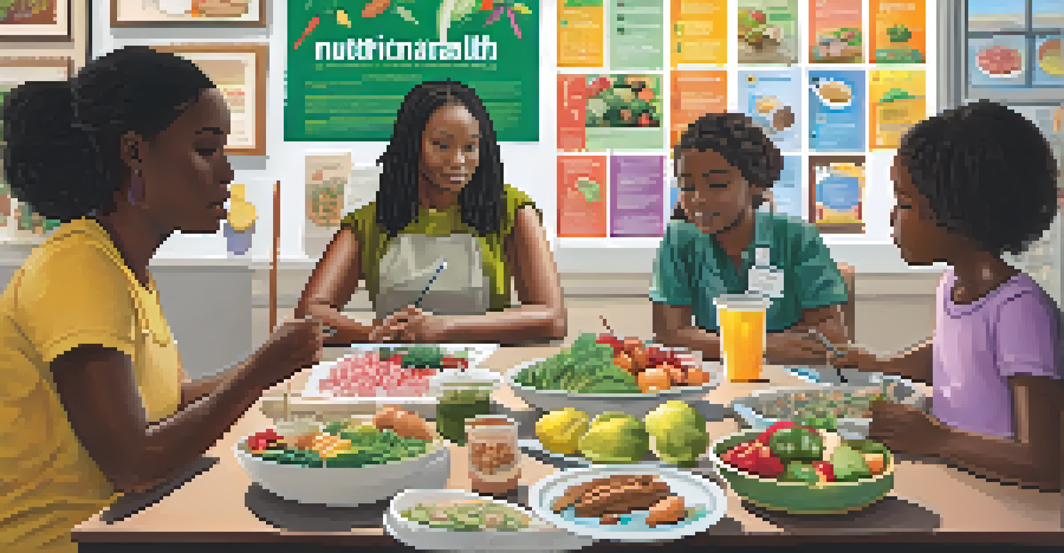 A community health worker conducting a nutrition workshop with adults and children in a bright, colorful room.
