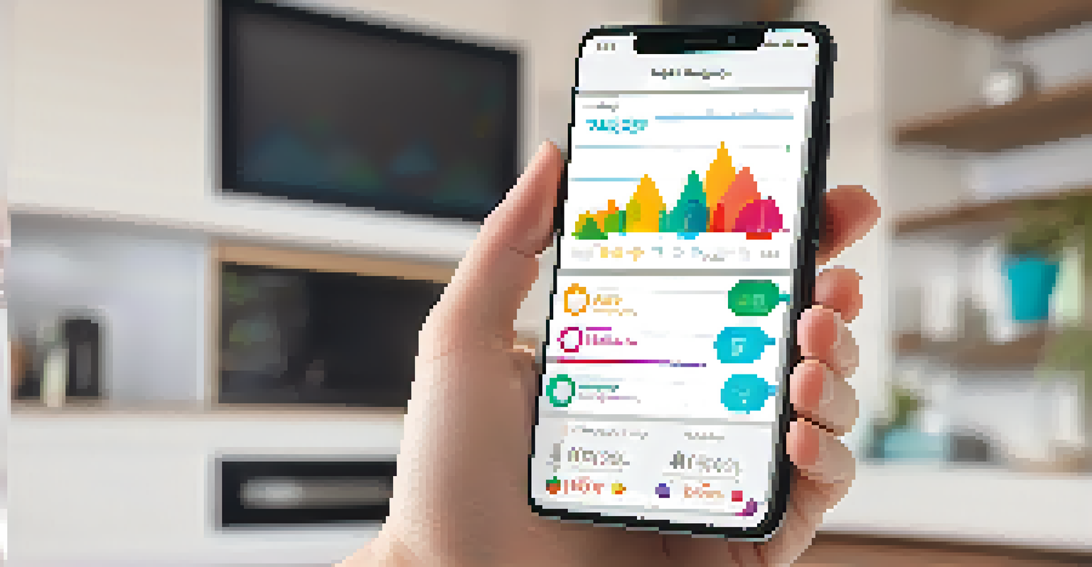 A smartphone with a health management app showing colorful graphs in a comfortable home setting.