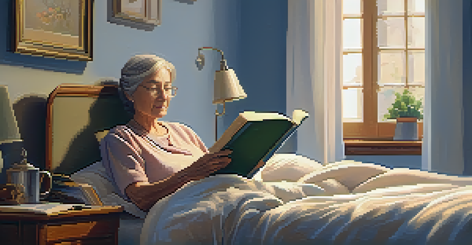 An older woman reading a book in a cozy, softly lit bedroom, creating a serene atmosphere.