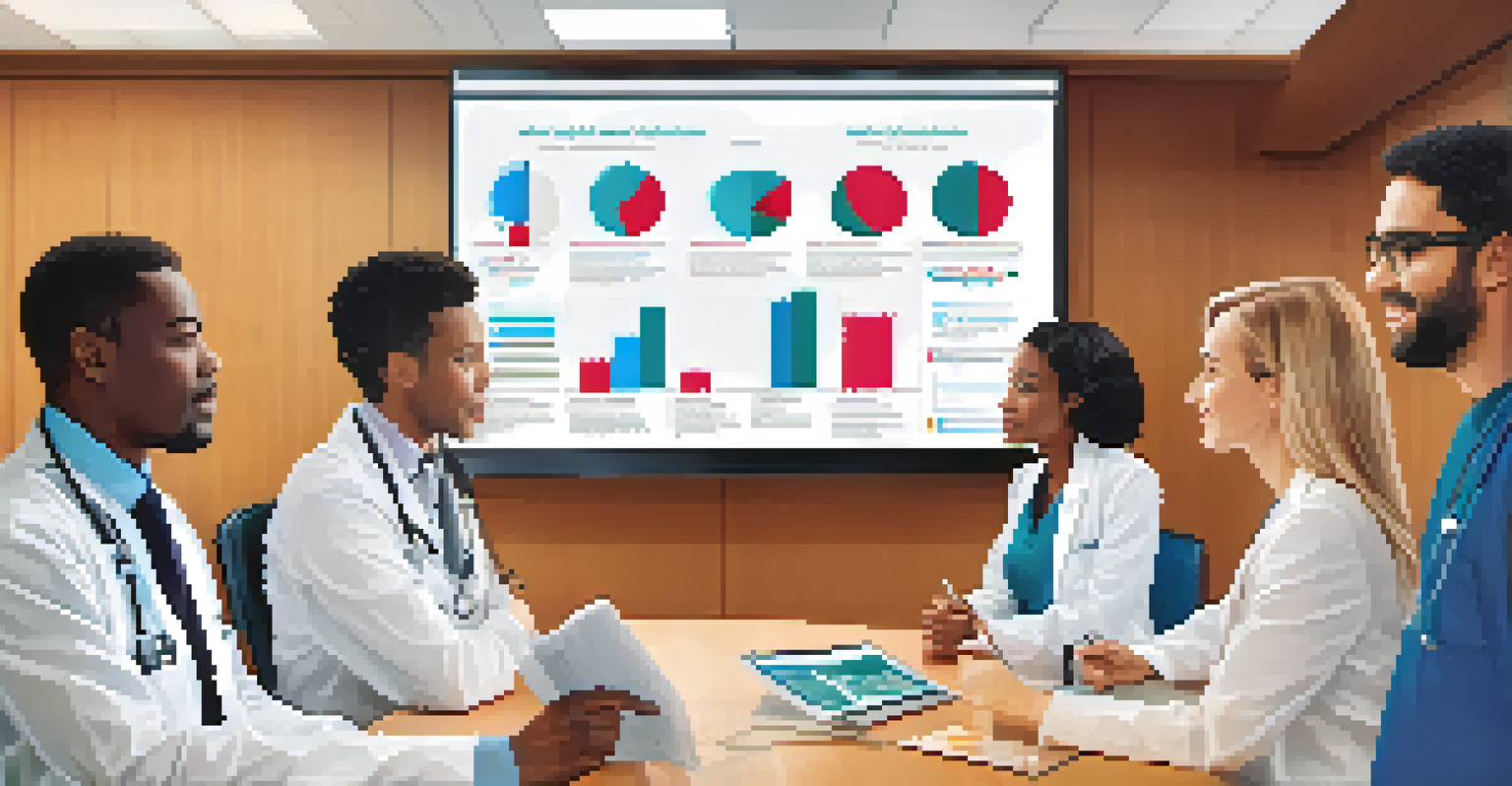 A diverse group of medical professionals discussing clinical trial data in a bright conference room.