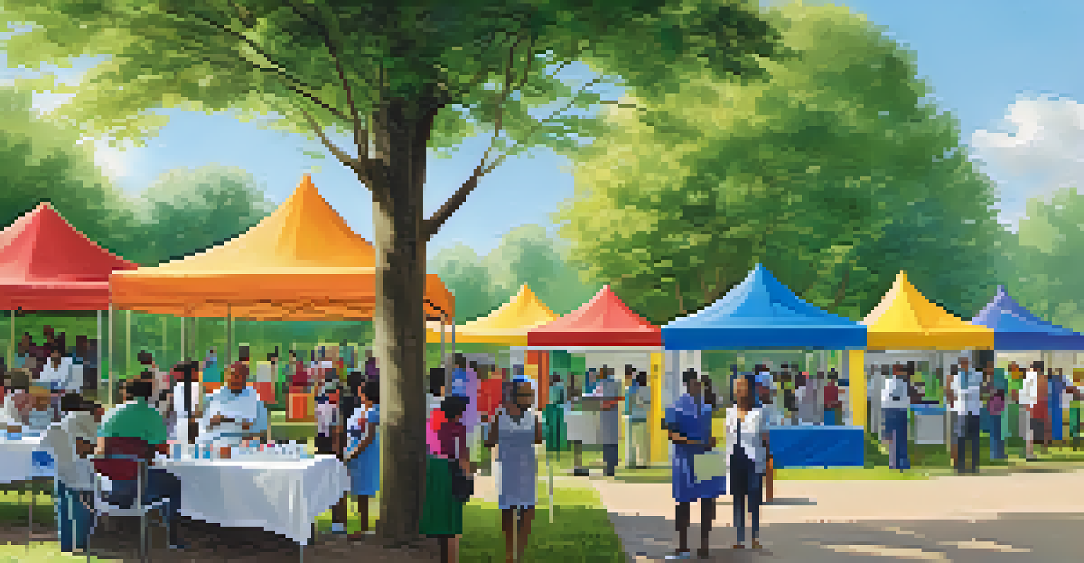 A vibrant outdoor health screening event in a park, featuring diverse individuals engaging with healthcare professionals under colorful tents.