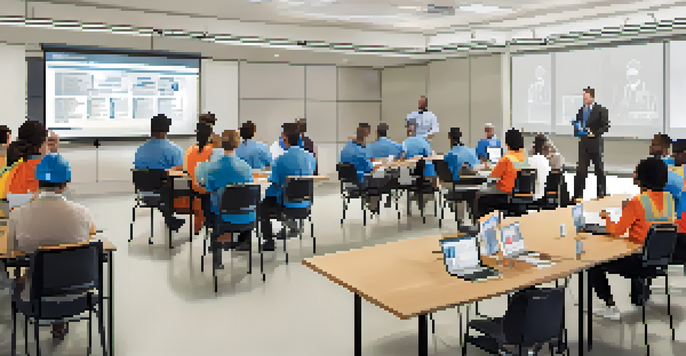 A diverse group of employees in a bright conference room participating in a safety training workshop with visual aids.