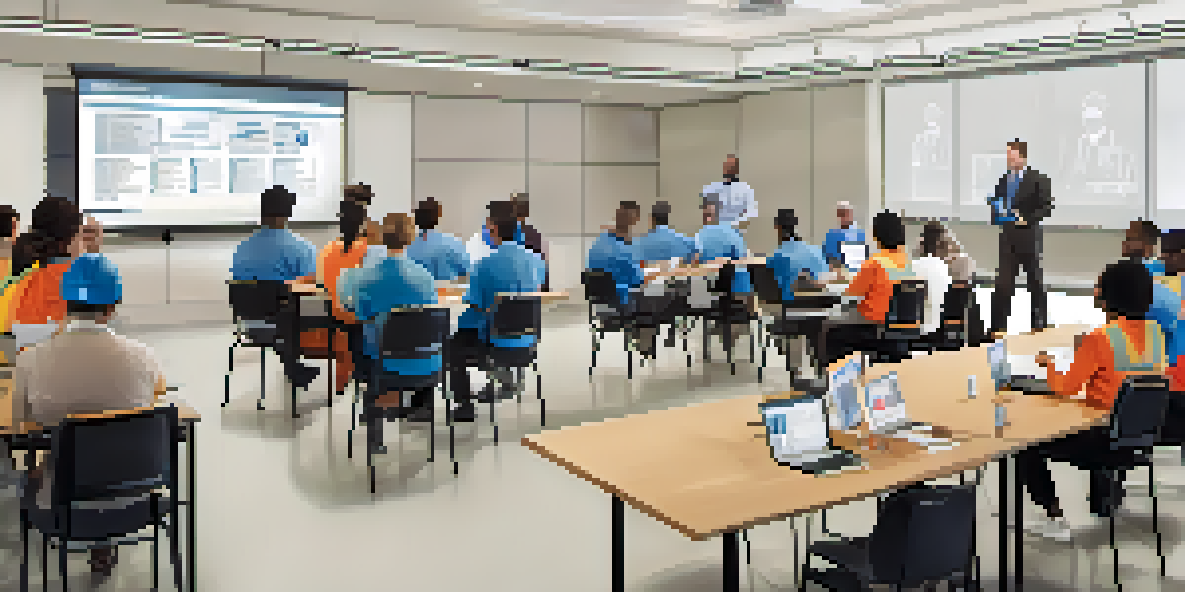 A diverse group of employees in a bright conference room participating in a safety training workshop with visual aids.