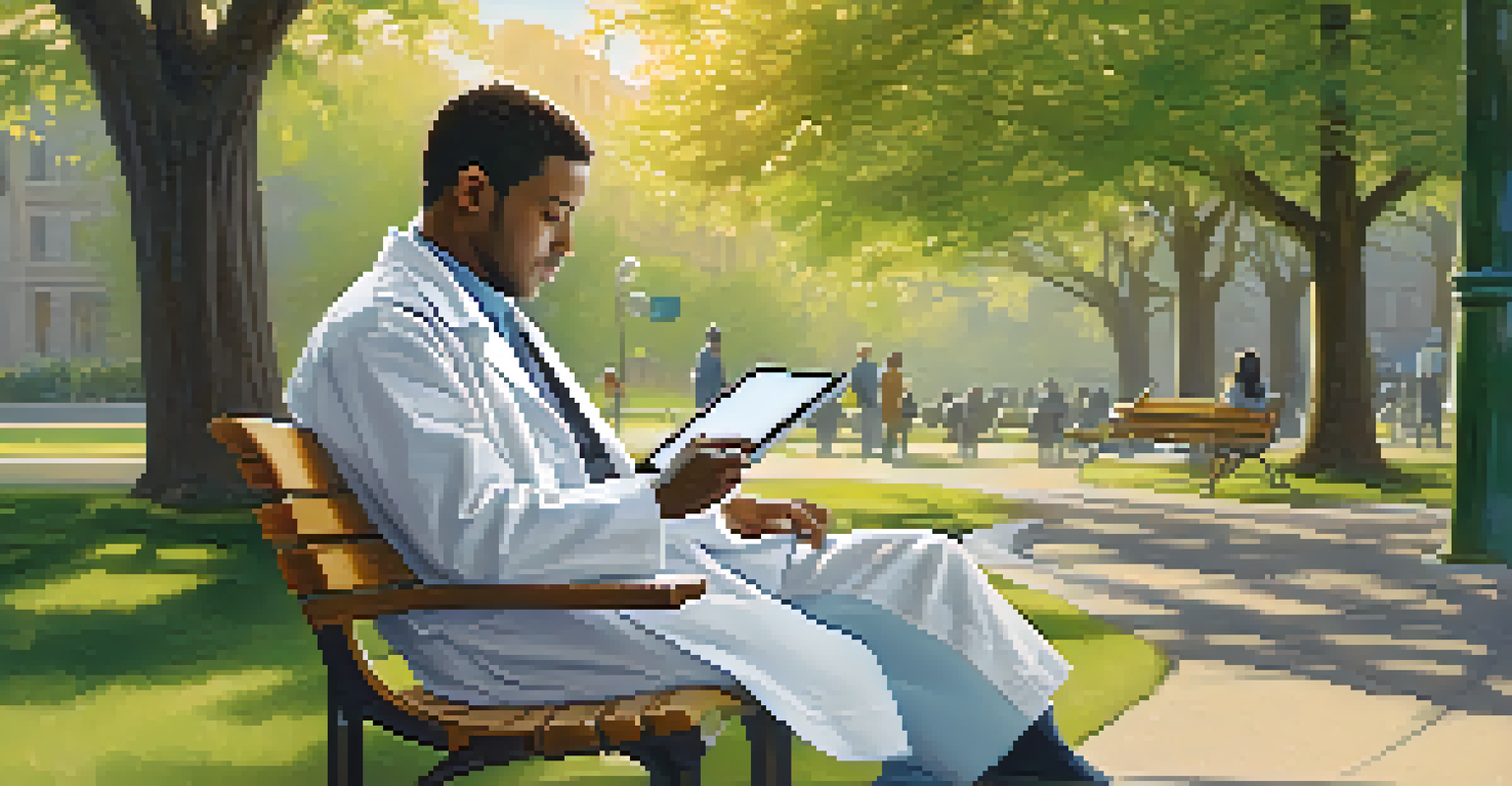 A healthcare professional in a white coat consulting with a patient remotely on a tablet while sitting on a park bench, surrounded by nature.