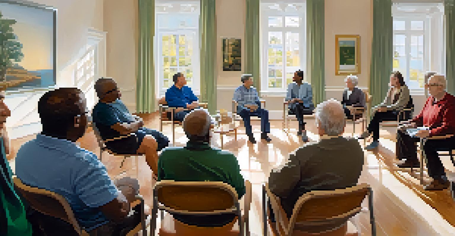 A support group meeting for individuals managing chronic diseases, with participants sharing experiences in a warm and welcoming setting.