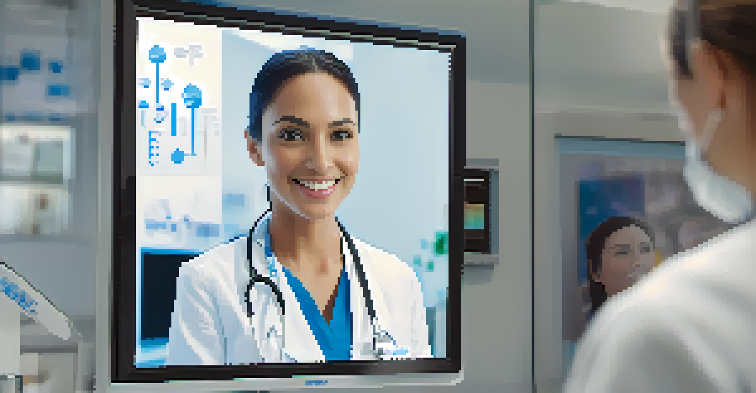 A healthcare provider in a clinic talking to a patient through a video consultation, with medical equipment in the background.