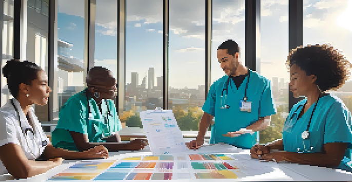 A diverse group of healthcare professionals discussing in a hospital, with medical charts and cultural artifacts on the table.