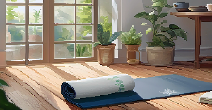A peaceful holistic healing space with a yoga mat, plants, and natural light, along with a table holding herbal teas and a journal.