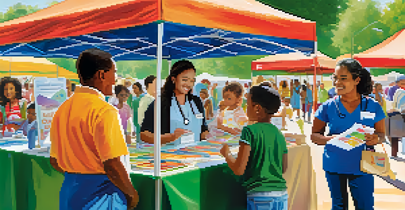 A healthcare provider demonstrating health education materials to a family at an outdoor community health fair with colorful booths in the background.