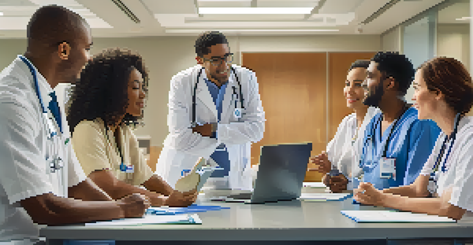A group of diverse healthcare professionals discussing in a brightly lit hospital conference room.