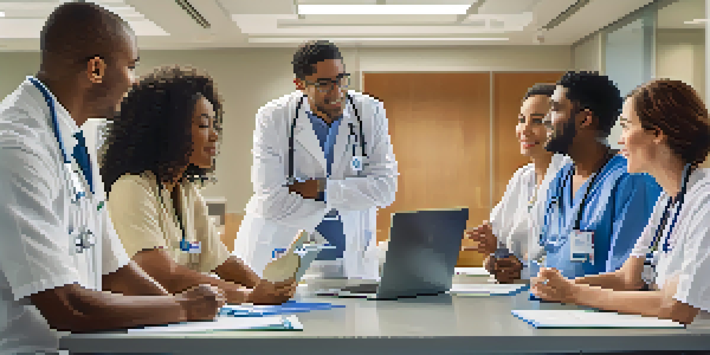 A group of diverse healthcare professionals discussing in a brightly lit hospital conference room.